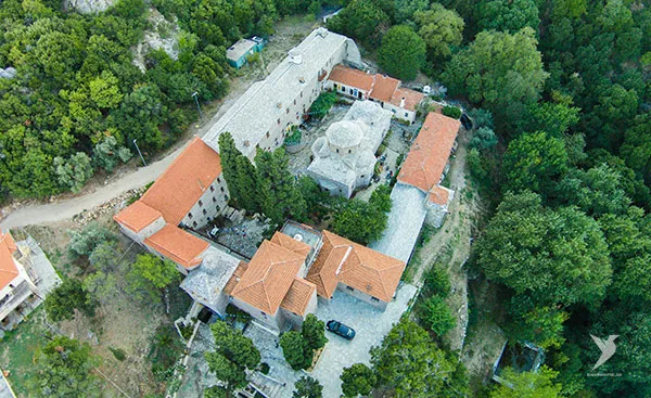 A monastery among the trees, from above