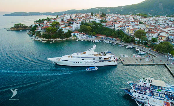 Skiathos Town and its harbour from above